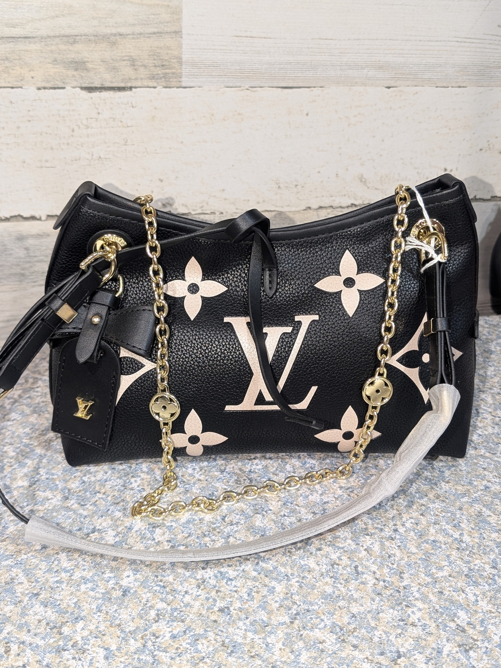 Fashion Inspired Black Shoulder Bag with Ivory Monogram and Gold Chain